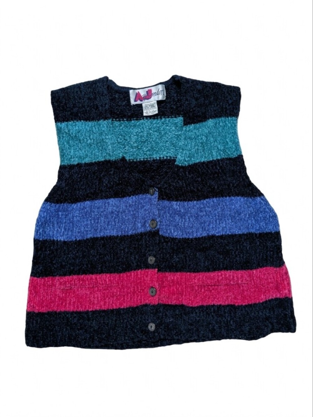 Vintage A Brandon Chenille Sweater Vest L Large Striped Colorblock Button Front